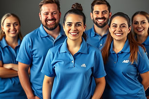 create a group of cleaning people smiling and happy with blue polos and a small withe tria