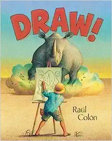 Book cover with a man drawing at an easel with a rhino charging him in the background