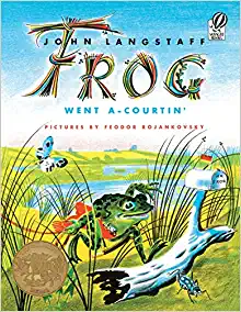 Book cover with a frog walking through the reeds by a pond with a package under his arm