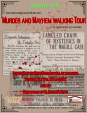Newspaper articles reporting crimes from Clinton’s past, overlaid with blood spatters. Text reads: “Monster Mash. Hear stories from Clinton’s bloody past and the places where they happened. Murder and Mayhem walking tour. Library director Bobbi Perryman will be your guide. Saturday, Oct. 17th 9AM and 6PM. Ages 12+. Meet in front of Mr. Lincoln’s Stage. 9AM tour will be repeated at 6PM.” Clinton Spark logo, Library logo.