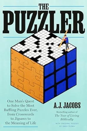 Book cover with a block with different puzzles on each side (crossword, jigsaw, rubrics cube)
