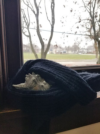 Photo of Dozer the Dragon wrapped up in a warm scarf ion the window ledge
