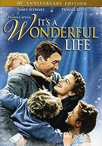 Family joyfully embraces under a starry sky with "It's a Wonderful Life" text. Happy mood, vintage style, gold and blue hues dominate.