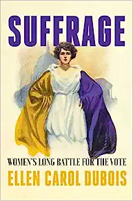 Book cover with a woman in a white dress draped in a yellow and blue shawl