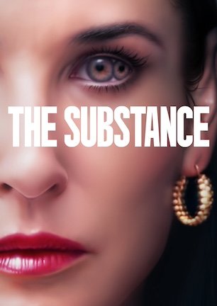 DVD cover for the movie The Substance picturing a close up of a woman's face with two Irises in one eye