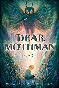 Book cover with the drawing of boy reading a book and a giant mothman behind him