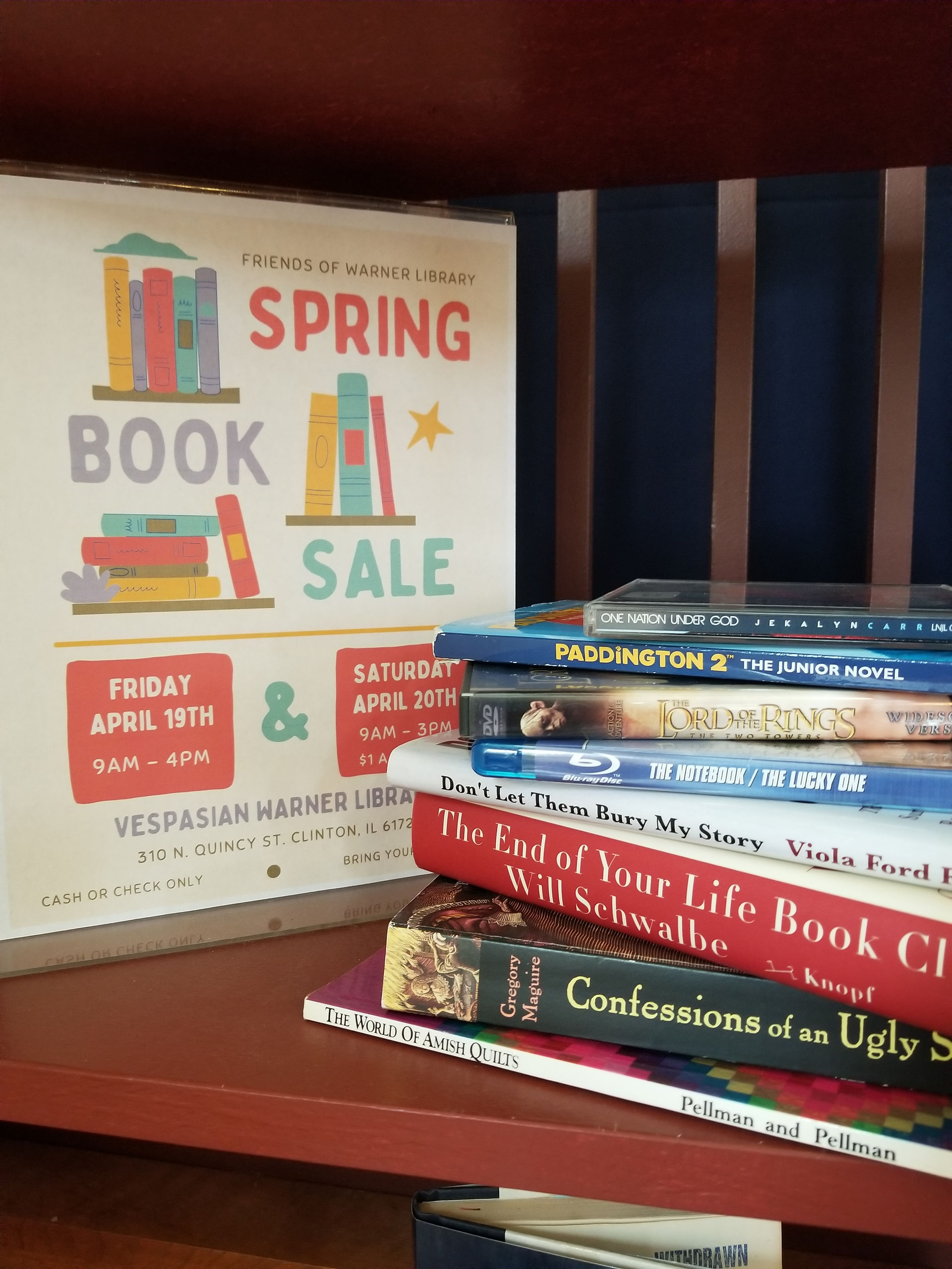 Friends of the Library Flyer with a stack of books, dvds-blu-rays, and cds