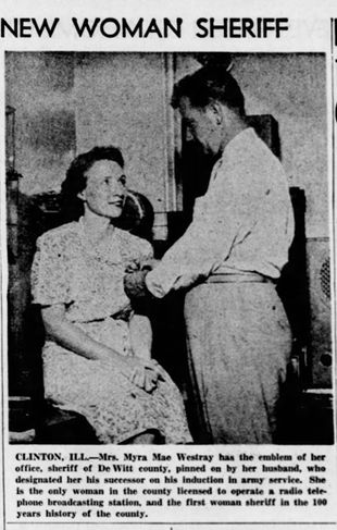 Newspaper clipping titled "New Woman Sheriff" with a black and white photo of Ken pinning Myra's sheriff's badge on her dress