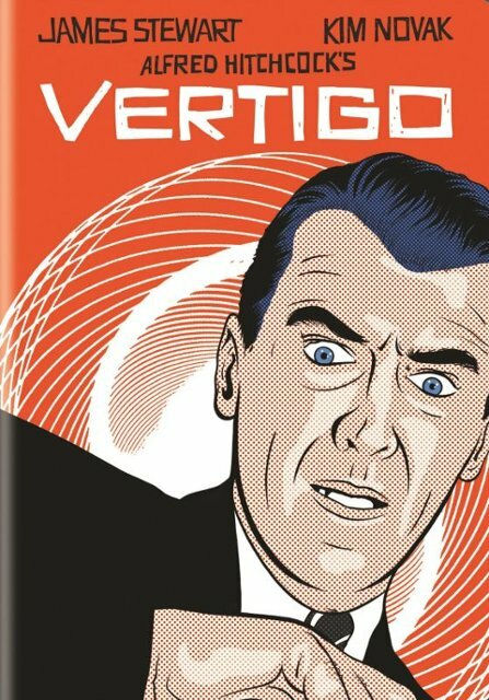 Illustrated poster for "Vertigo" with a man's surprised expression against an orange spiral background. Text: James Stewart, Kim Novak.