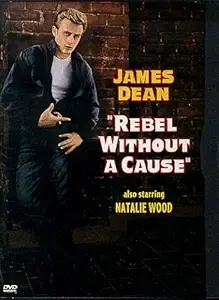 James Dean in a white shirt and dark jacket stands near a brick wall. Text: "Rebel Without a Cause," "James Dean," "Natalie Wood." DVD cover.