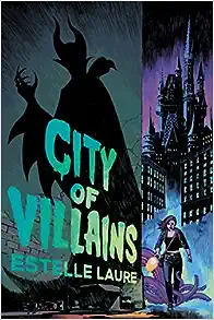 Book cover with a lady walking through the streets with the cast of an evil villain on the wall