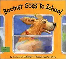 Book cover with a dog with his head out of the school bus window