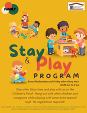 Orange background with children playing with text overlay stating: “Stay after Story time and play with us on the Children’s Floor! Hang out with other children and caregivers while playing with some extra special toys! No registration required!” Advanced Registration not required! 310 n QUINCY ST. CLINTON, IL 61727 217-935-5174 | www.VWARNER.ORG please call the library if you need a reasonable accommodation to participate in any library event.