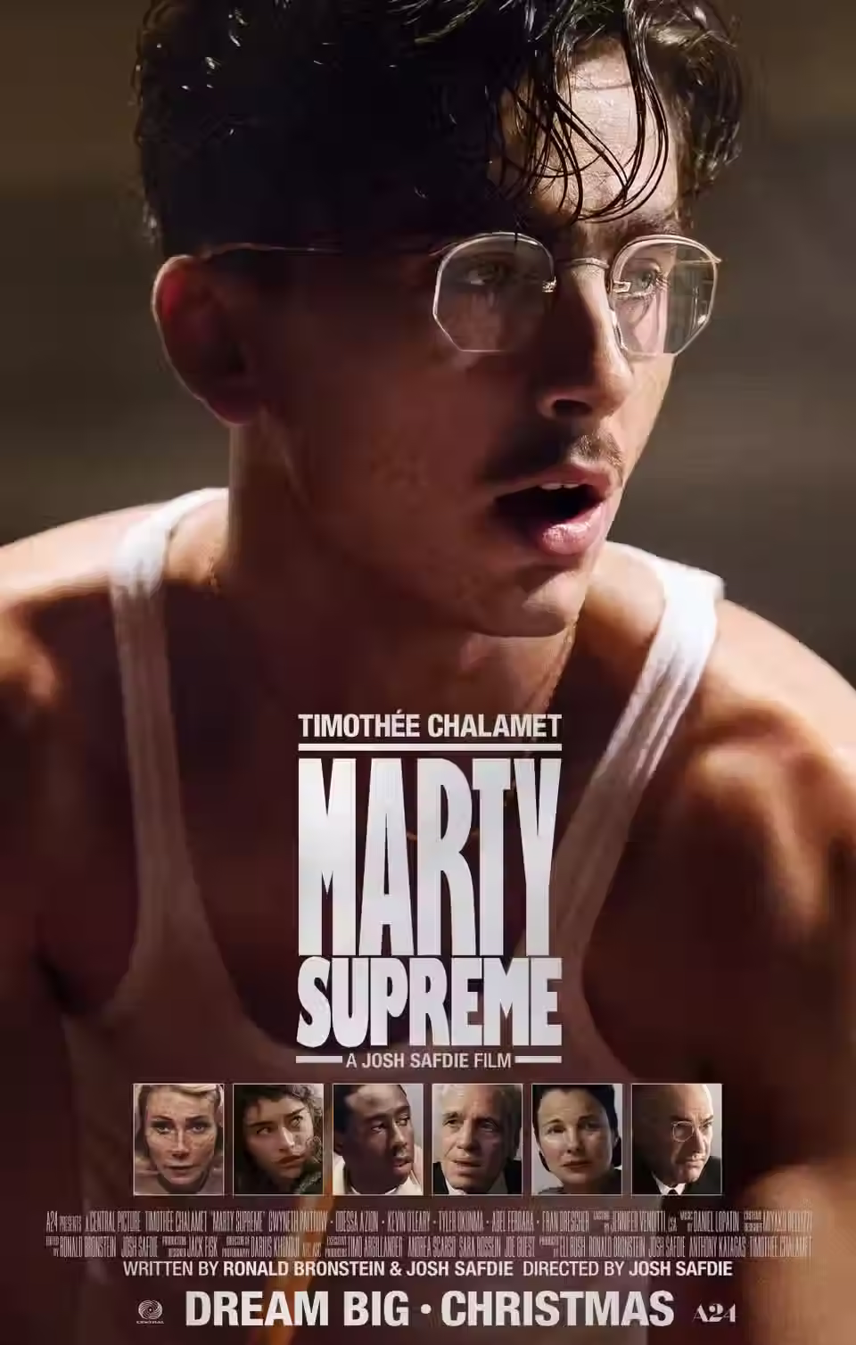 Movie Poster for "Marty Supreme" with a man in glasses and a white tank top looking intensely off camera