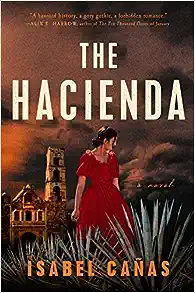 Book cover with a woman in a spanish dress standing in front of a house