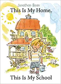 Book cover with the drawing of a little boy standing in front of his house