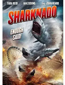 DVD cover with sharks and a farris wheel flying through the air