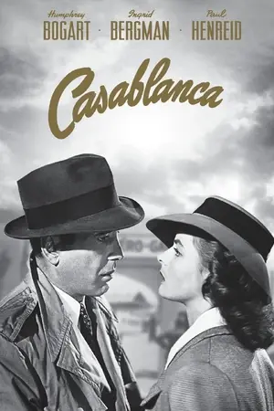 Man and woman in 1940s attire gaze at each other intensely. Black-and-white film poster with "Casablanca" title above in gold script.