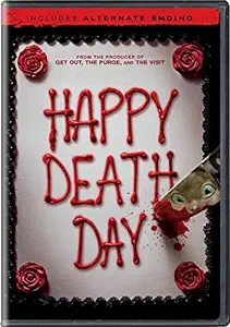 DVD cover with Happy Death Day written in icing on a cake with a knife stuck in it