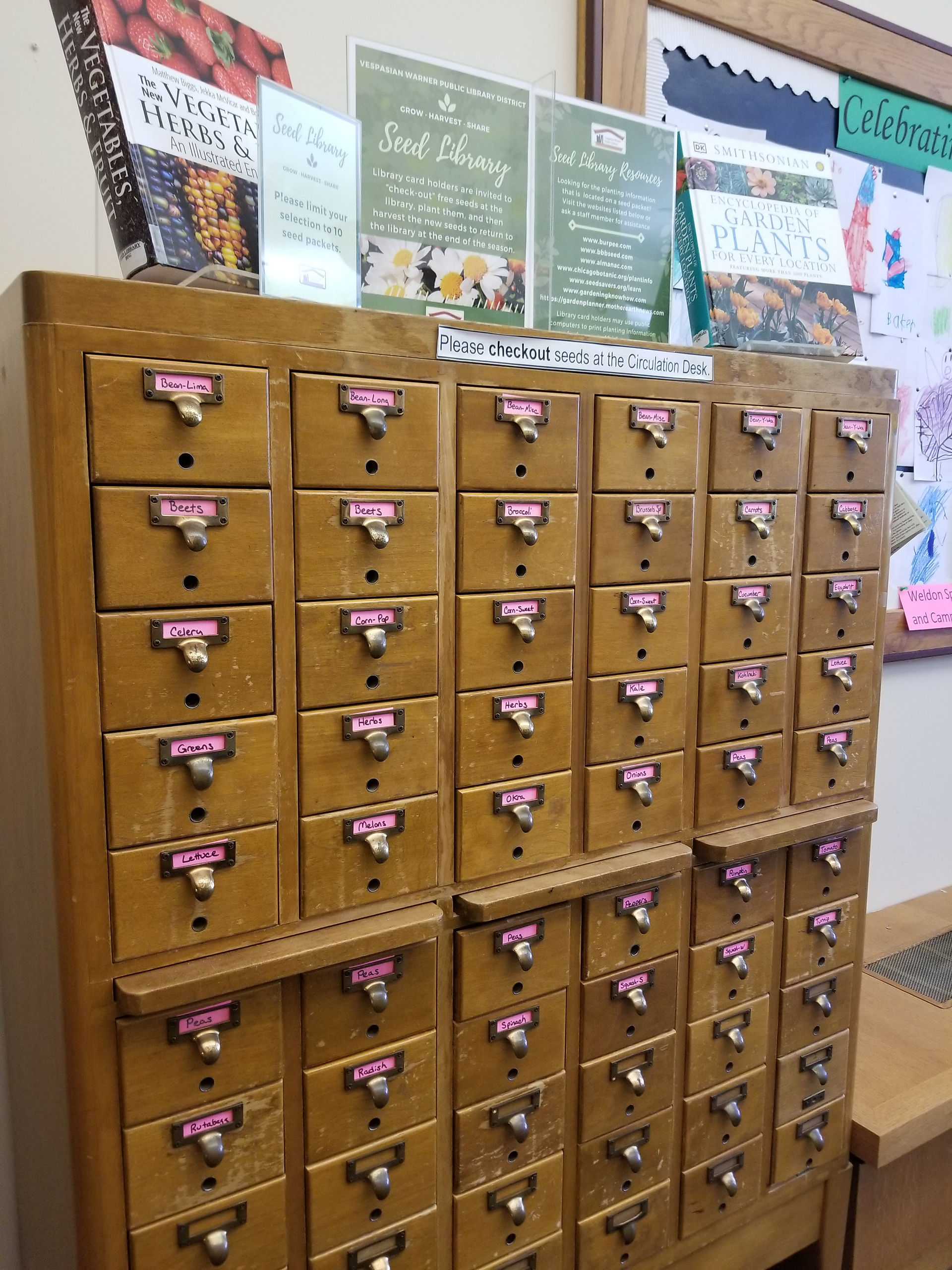 Photo of the old card catalog that contains the seed library