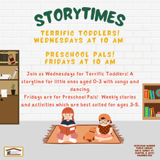 Two cartoon children sitting on a rug with books in their lap and a dog between them surrounded by full bookcases with the text overlay stating “Storytimes. Terrific Toddlers! Wednesdays at 10AM. Preschool Pals! Fridays at 10AM! Join us Wednesdays for Terrific Toddlers! A storytime for little ones aged 0-3 with songs and dancing. Weekly themed storytime and activities on Fridays at 10AM! Best suited for ages 3-5. Vespasian Warner Public Library 310 N. Quincy St. Clinton, IL 61727. vwarner.org” Vespasian Warner Public Library logo