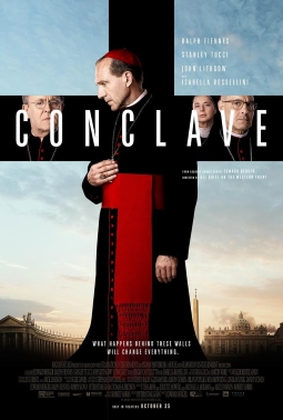 DVD cover for the movie Conclave picturing a priest standing in front of a black cross
