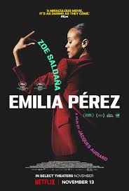 DVD cover with a woman in a red coat and the text overlay "Emilia Perez"