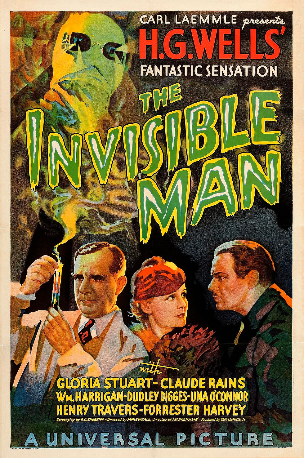Vintage movie poster for "The Invisible Man" features a glowing figure, a man with a test tube, and a woman in a red hat. Bold, colorful text.