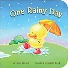 Book cover with a  duck carrying an umbrella in the rain while splashing in puddles