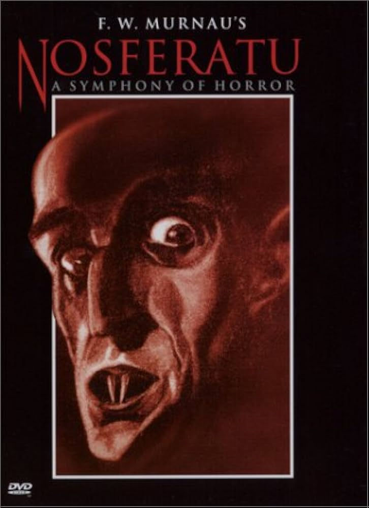 A poster for "Nosferatu: A Symphony of Horror" featuring a vampire's eerie face in sepia tones, with text at the top. Dark, haunting mood.