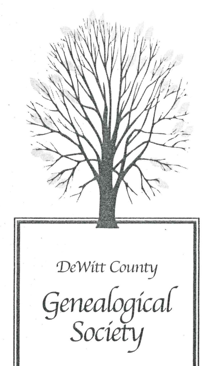 Logo for the DeWitt County Genealogical Society featuring a tree without it's leaves and the text overlay stating "DeWitt Count Genealogical Society