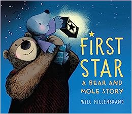 Book cover with the illustration of a bear holding a mole on his shoulders as they look at the stars