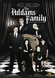 DVD cover with a family all dressed in black in a gothic house