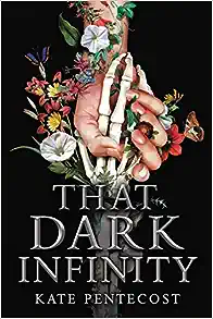 Book cover with a human hand shaking hands with a skeleton hand surrounded by flowers