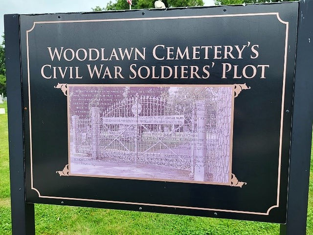 Front of sign stating "Woodlawn Cemetery's Civil War Soldiers' Plot" with a photograph of the iron cemetery gates