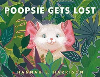 Book cover with a white cat with a giant pink bow in a garden of leaves