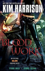 Book cover with a woman holding a cross standing in front of a motorcycle