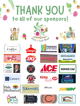 2026 Summer Reading club sponsor graphic with logos for Coffee Corner, Casey's, Friends of the Library, Clinton Police Department, Gilmore's Treats, Dairy Queen, Sorrento's Pizza, Clinton Education Association, Country Financial, Jimmy John's, Ace, Hammer Law, Calvert, Monical's Pizza, Kirby Foods, J Squared, Hale Mechanical, Snappers, Spaaah, Subway, Sweet Mae's, Taylor Abstract, and Clitnon Family Dental