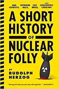 A yellow book cover with an unexploded nuclear bomb stuck in the ground