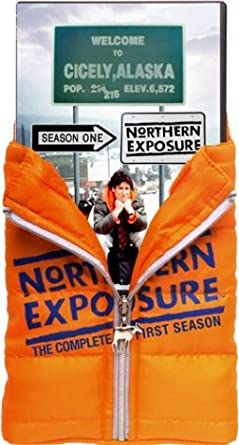DVD cover with a man in a parka standing below the sign for Cicely, Alaska