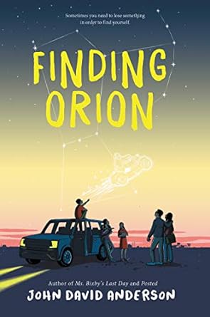 Book cover with a person sitting on a car pointing at the sky with other people gathered around
