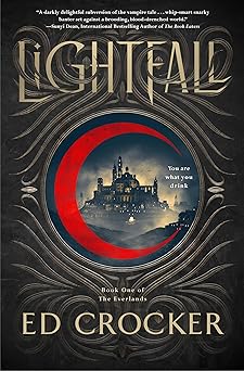 Book cover for Lightfall by Ed Crocker featuring a black cover with a red crescent moon wrapped around an old victorian house on a hill 