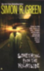 Book cover for Something from the Nightside that pictures a man standing in a deserted alley with a full moon in the background