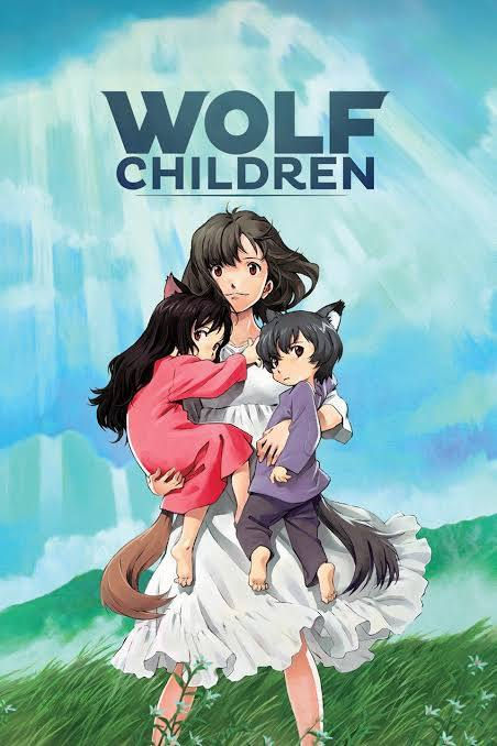 Woman holding two wolf-eared children in a grassy field. Sky background with sun rays. Text: "WOLF CHILDREN". Calm and nurturing mood.