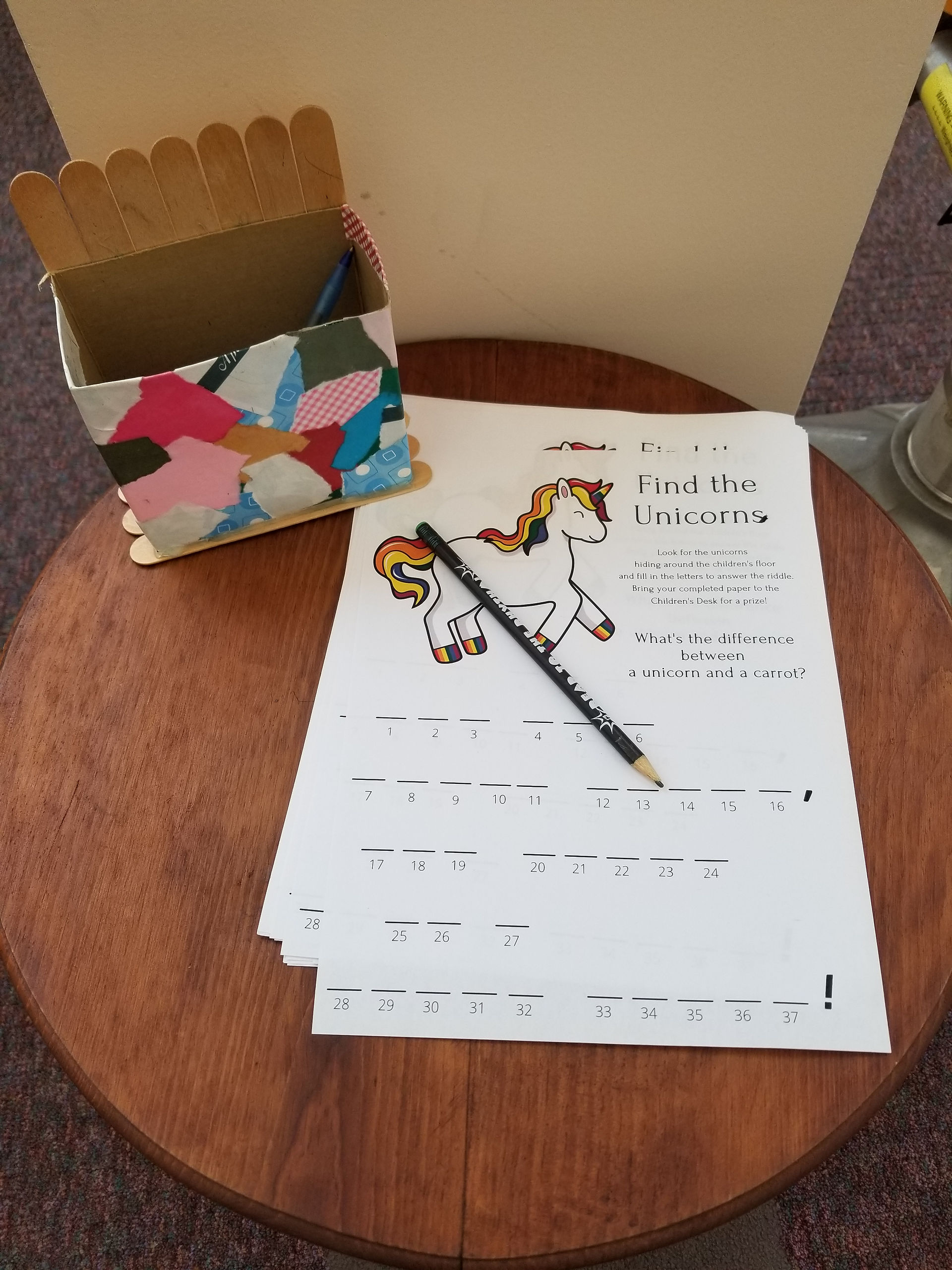 Photo of the Unicorn riddle sheet