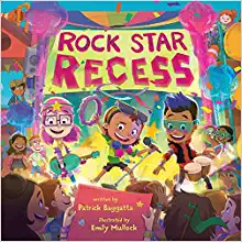 Book cover with a group of kids singing on a stage under the banner that says "Rock Star Recess"