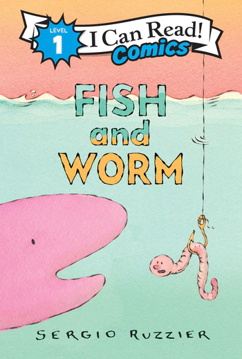 Book cover with a fish underwater ready to eat a frightened worm on a hook