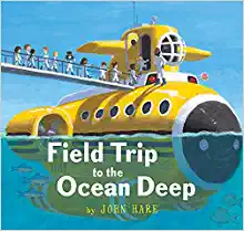 Book cover with a group of kids walking across a platform to enter a yellow submarine