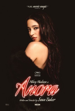 DVD cover for the movie Anora picturing a women dressed in black looking over her bare shoulder at the camera