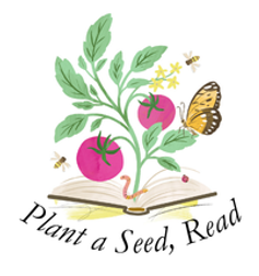 Summer Reading Plant a Seed, Read Logo with an open book with a tomato plant growing from the middle and bees, butterfly, ladybug, and worm